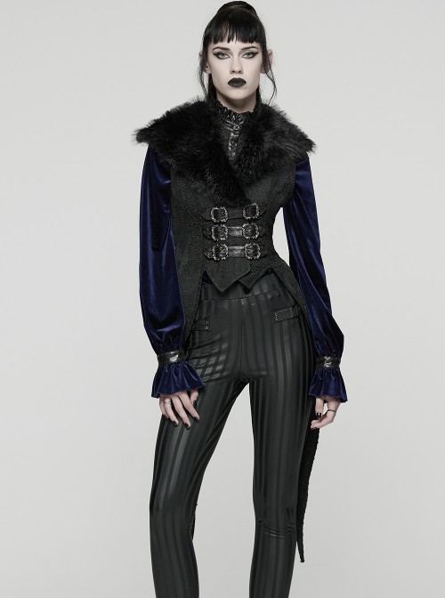 Black Plush Lapel Exquisite Jacquard Gorgeous Metal Buckles Tuxedo-Style Gothic Style Vest