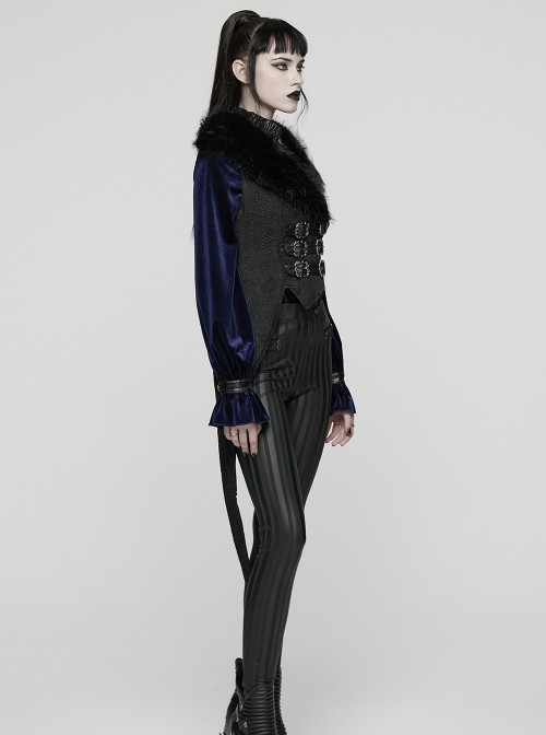 Black Plush Lapel Exquisite Jacquard Gorgeous Metal Buckles Tuxedo-Style Gothic Style Vest