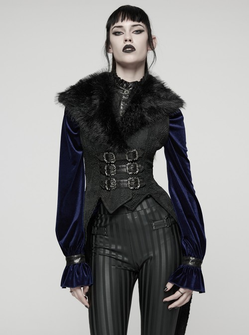 Black Plush Lapel Exquisite Jacquard Gorgeous Metal Buckles Tuxedo-Style Gothic Style Vest