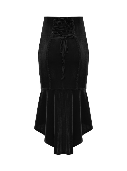 Black Velvet Elegant Rose Lace Retro High-Low Design Gothic Style Fishtail Skirt