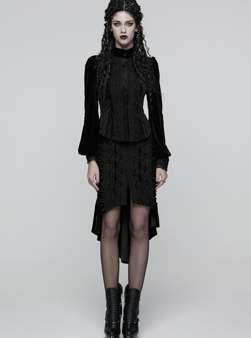Black Velvet Elegant Rose Lace Retro High-Low Design Gothic Style Fishtail Skirt