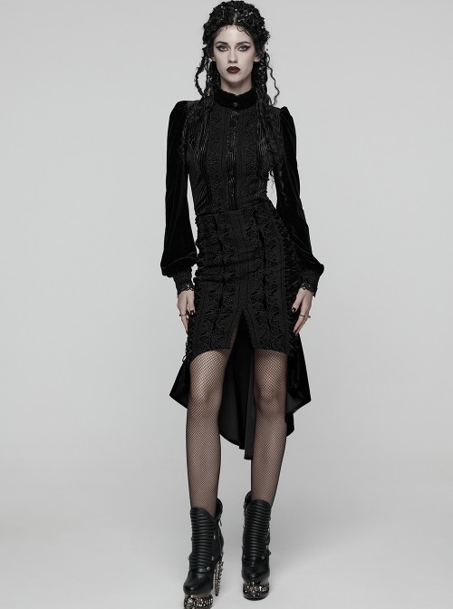 Black Velvet Elegant Rose Lace Retro High-Low Design Gothic Style Fishtail Skirt
