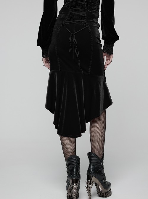 Black Velvet Elegant Rose Lace Retro High-Low Design Gothic Style Fishtail Skirt