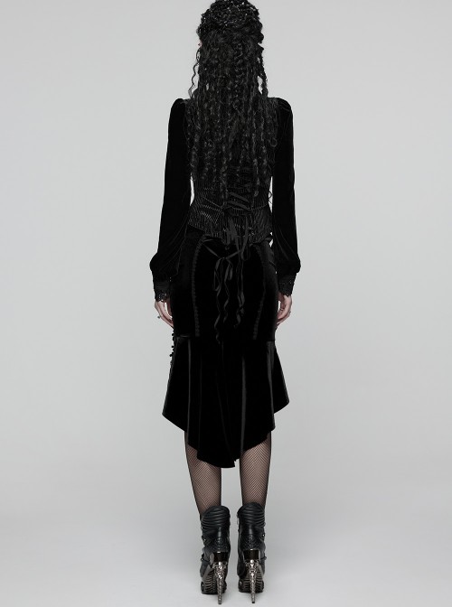 Black Velvet Elegant Rose Lace Retro High-Low Design Gothic Style Fishtail Skirt