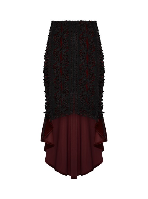 Red Velvet Black Elegant Rose Lace Retro High-Low Design Gothic Style Fishtail Skirt