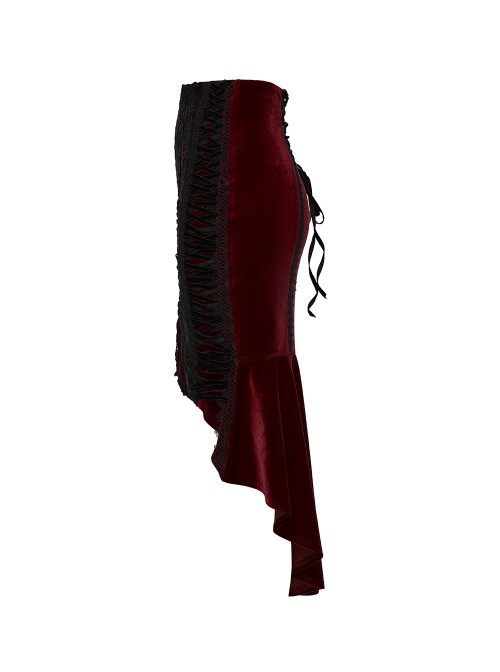 Red Velvet Black Elegant Rose Lace Retro High-Low Design Gothic Style Fishtail Skirt