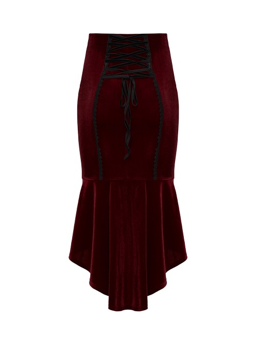 Red Velvet Black Elegant Rose Lace Retro High-Low Design Gothic Style Fishtail Skirt