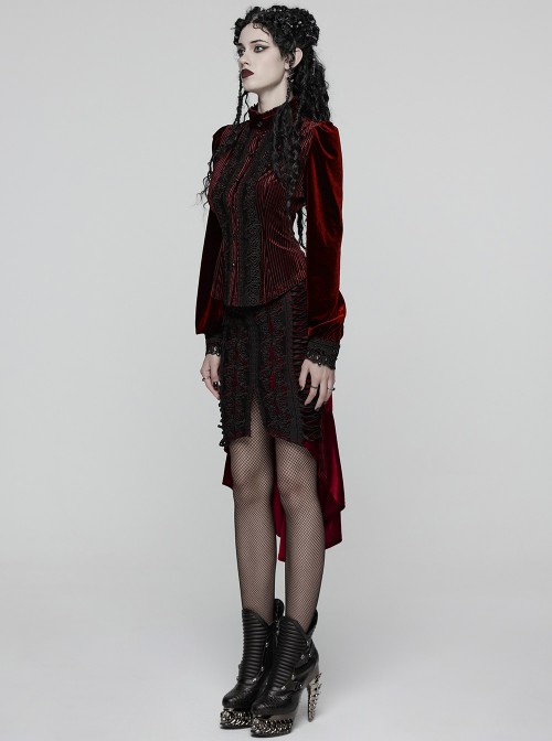 Red Velvet Black Elegant Rose Lace Retro High-Low Design Gothic Style Fishtail Skirt