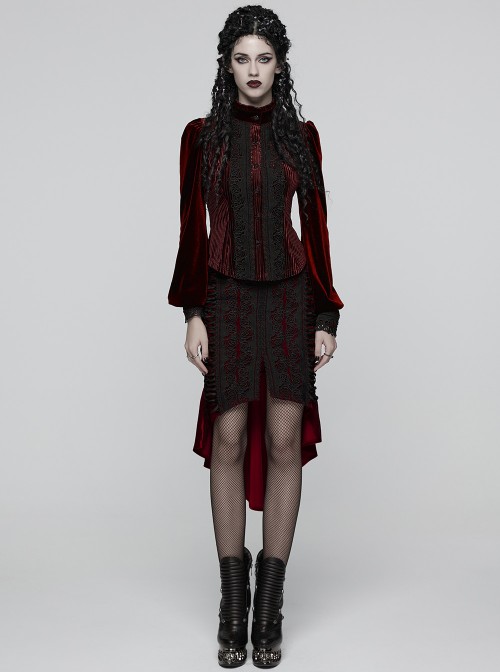 Red Velvet Black Elegant Rose Lace Retro High-Low Design Gothic Style Fishtail Skirt