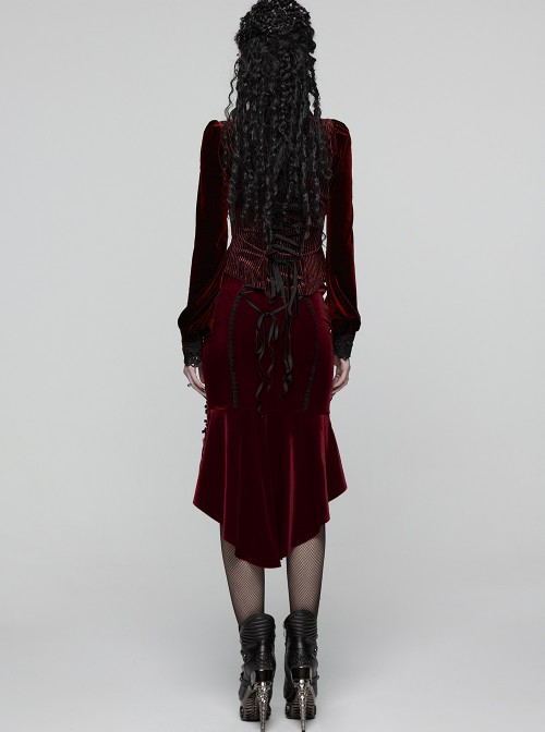Red Velvet Black Elegant Rose Lace Retro High-Low Design Gothic Style Fishtail Skirt