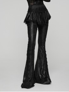 Black Sparkling Printed Knitted Delicate Lace Trims Shirred Hem Gothic Style Flared Skirt Pants