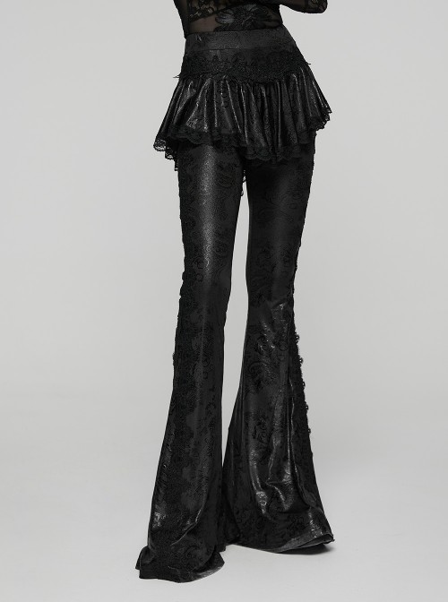 Black Sparkling Printed Knitted Delicate Lace Trims Shirred Hem Gothic Style Flared Skirt Pants