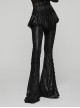 Black Sparkling Printed Knitted Delicate Lace Trims Shirred Hem Gothic Style Flared Skirt Pants
