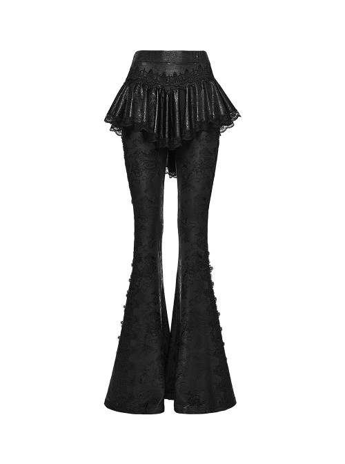 Black Sparkling Printed Knitted Delicate Lace Trims Shirred Hem Gothic Style Flared Skirt Pants