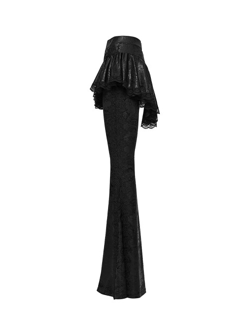 Black Sparkling Printed Knitted Delicate Lace Trims Shirred Hem Gothic Style Flared Skirt Pants