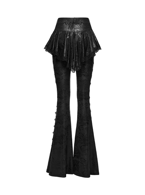 Black Sparkling Printed Knitted Delicate Lace Trims Shirred Hem Gothic Style Flared Skirt Pants