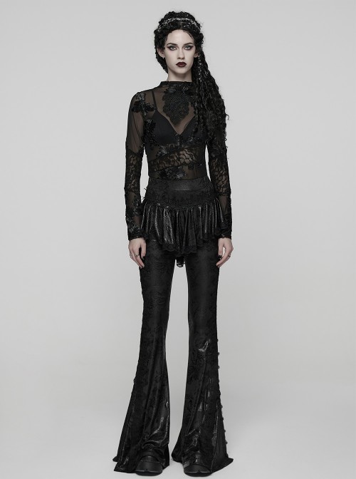 Black Sparkling Printed Knitted Delicate Lace Trims Shirred Hem Gothic Style Flared Skirt Pants