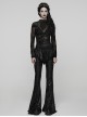 Black Sparkling Printed Knitted Delicate Lace Trims Shirred Hem Gothic Style Flared Skirt Pants