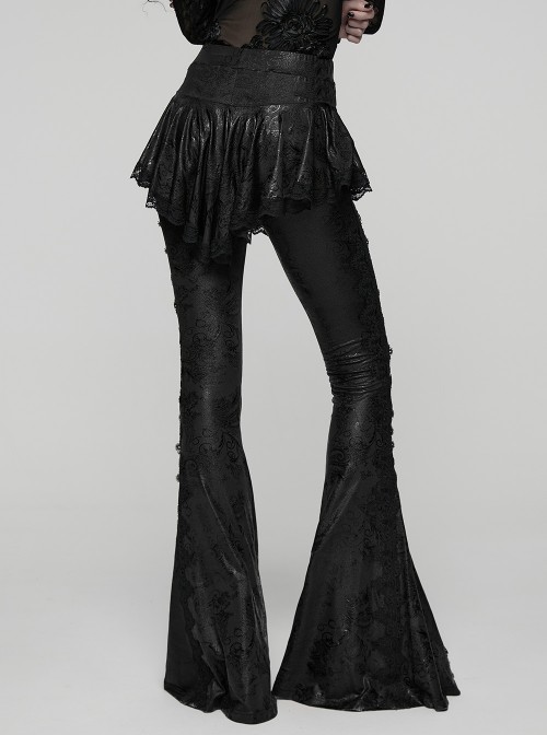 Black Sparkling Printed Knitted Delicate Lace Trims Shirred Hem Gothic Style Flared Skirt Pants