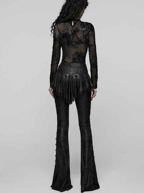 Black Sparkling Printed Knitted Delicate Lace Trims Shirred Hem Gothic Style Flared Skirt Pants