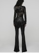 Black Sparkling Printed Knitted Delicate Lace Trims Shirred Hem Gothic Style Flared Skirt Pants