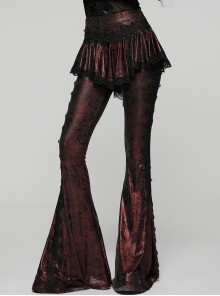 Red Sparkling Printed Knitted Black Delicate Lace Trims Shirred Hem Gothic Style Flared Skirt Pants