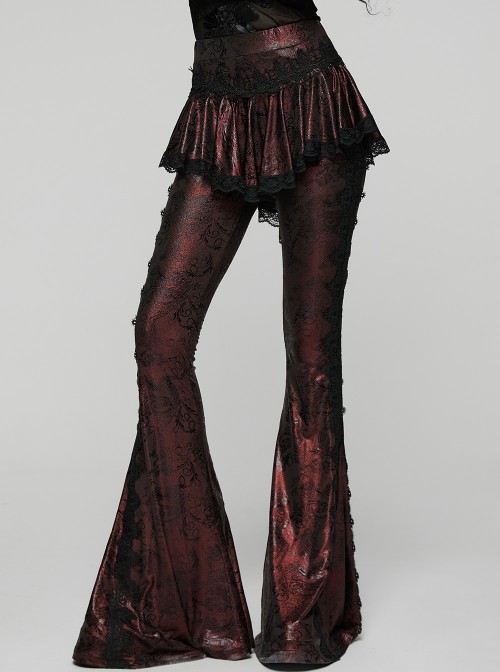 Red Sparkling Printed Knitted Black Delicate Lace Trims Shirred Hem Gothic Style Flared Skirt Pants