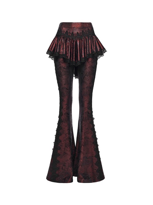 Red Sparkling Printed Knitted Black Delicate Lace Trims Shirred Hem Gothic Style Flared Skirt Pants