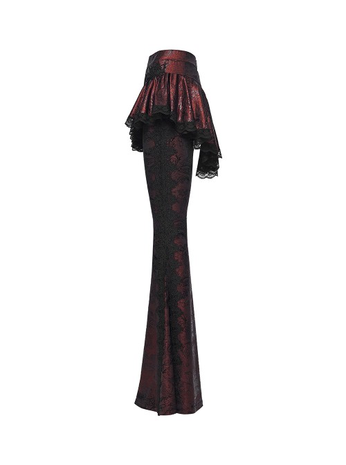 Red Sparkling Printed Knitted Black Delicate Lace Trims Shirred Hem Gothic Style Flared Skirt Pants