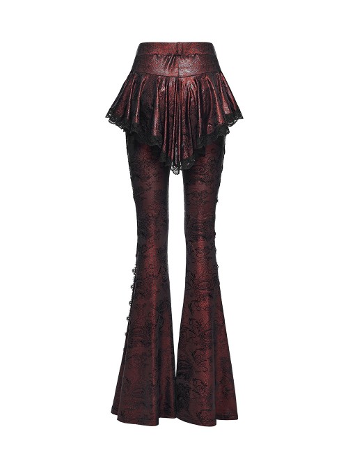 Red Sparkling Printed Knitted Black Delicate Lace Trims Shirred Hem Gothic Style Flared Skirt Pants