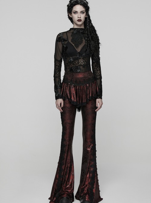 Red Sparkling Printed Knitted Black Delicate Lace Trims Shirred Hem Gothic Style Flared Skirt Pants