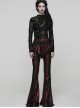 Red Sparkling Printed Knitted Black Delicate Lace Trims Shirred Hem Gothic Style Flared Skirt Pants