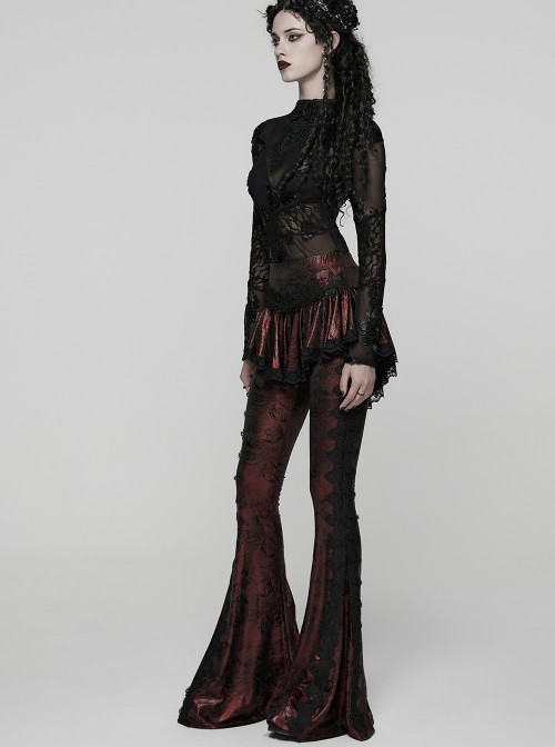 Red Sparkling Printed Knitted Black Delicate Lace Trims Shirred Hem Gothic Style Flared Skirt Pants