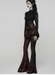 Red Sparkling Printed Knitted Black Delicate Lace Trims Shirred Hem Gothic Style Flared Skirt Pants