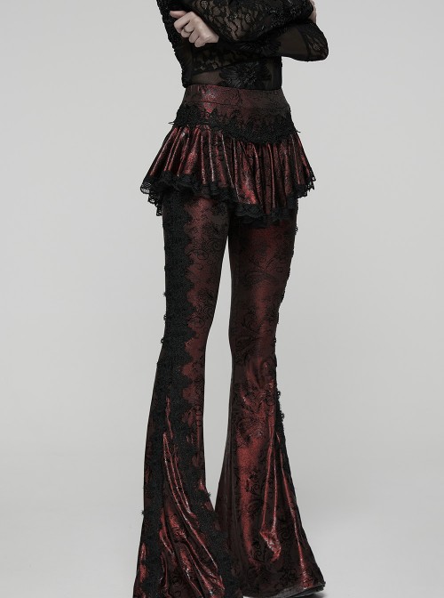 Red Sparkling Printed Knitted Black Delicate Lace Trims Shirred Hem Gothic Style Flared Skirt Pants