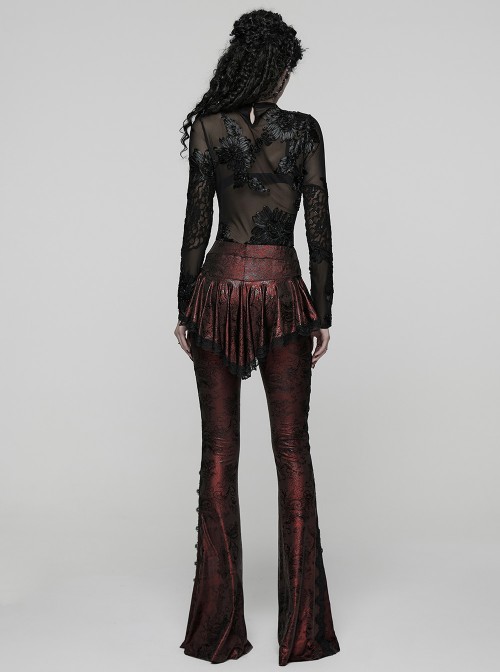 Red Sparkling Printed Knitted Black Delicate Lace Trims Shirred Hem Gothic Style Flared Skirt Pants