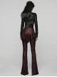 Red Sparkling Printed Knitted Black Delicate Lace Trims Shirred Hem Gothic Style Flared Skirt Pants