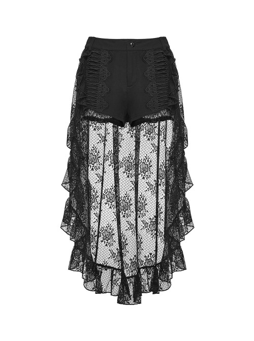 Black Stretch Knit Non-Detachable High-Low Retro Floral Lace Ruffled Skirt Hem Gothic Style Shorts