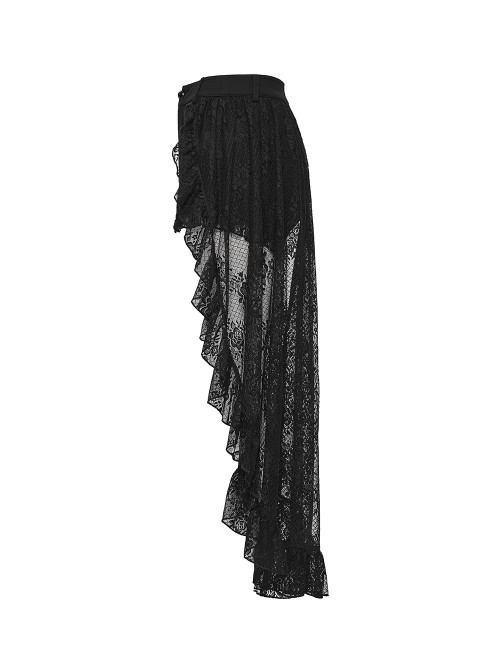 Black Stretch Knit Non-Detachable High-Low Retro Floral Lace Ruffled Skirt Hem Gothic Style Shorts
