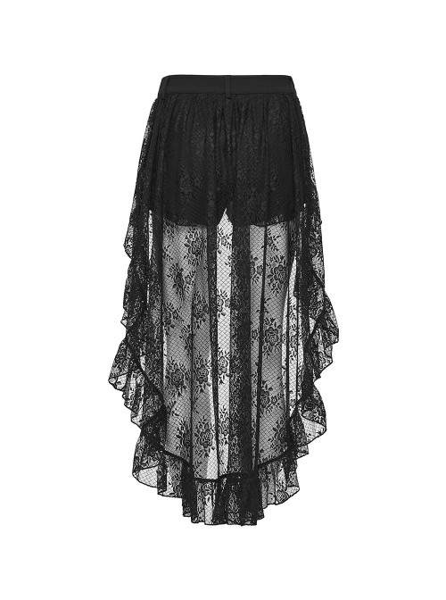 Black Stretch Knit Non-Detachable High-Low Retro Floral Lace Ruffled Skirt Hem Gothic Style Shorts