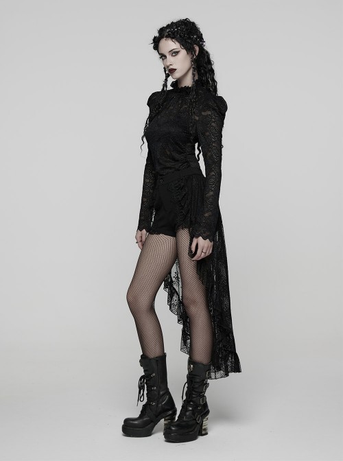 Black Stretch Knit Non-Detachable High-Low Retro Floral Lace Ruffled Skirt Hem Gothic Style Shorts