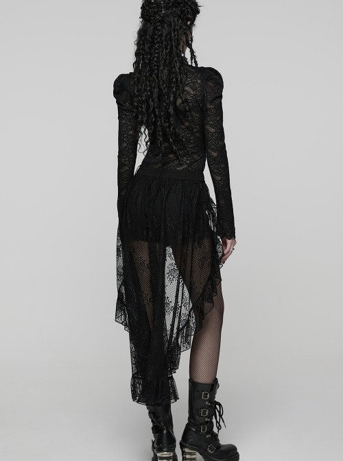 Black Stretch Knit Non-Detachable High-Low Retro Floral Lace Ruffled Skirt Hem Gothic Style Shorts