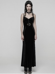 Black Elastic Velvet Chest 3D Pleats Splicing Hollow Lace Dark Heart Design Elegant Small Fishtail Gothic Style Slip Long Dress