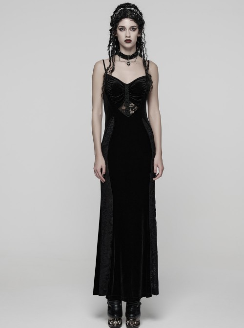 Black Elastic Velvet Chest 3D Pleats Splicing Hollow Lace Dark Heart Design Elegant Small Fishtail Gothic Style Slip Long Dress
