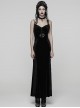 Black Elastic Velvet Chest 3D Pleats Splicing Hollow Lace Dark Heart Design Elegant Small Fishtail Gothic Style Slip Long Dress