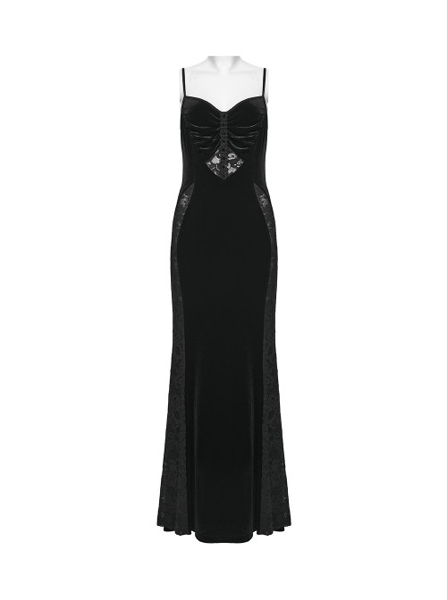 Black Elastic Velvet Chest 3D Pleats Splicing Hollow Lace Dark Heart Design Elegant Small Fishtail Gothic Style Slip Long Dress