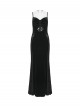 Black Elastic Velvet Chest 3D Pleats Splicing Hollow Lace Dark Heart Design Elegant Small Fishtail Gothic Style Slip Long Dress