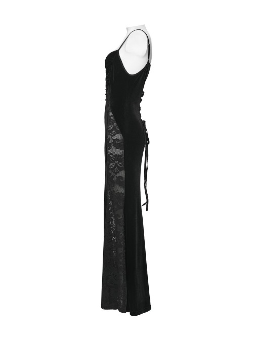 Black Elastic Velvet Chest 3D Pleats Splicing Hollow Lace Dark Heart Design Elegant Small Fishtail Gothic Style Slip Long Dress