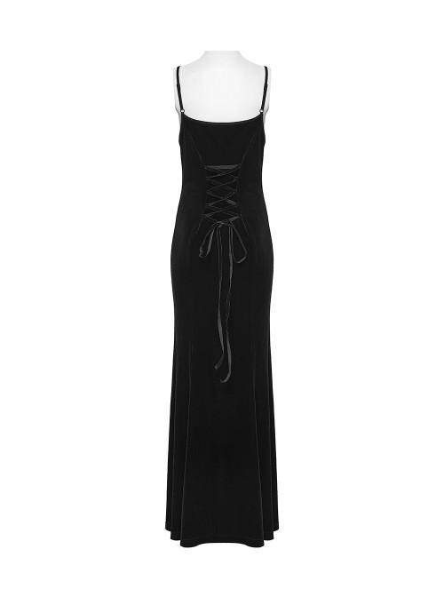 Black Elastic Velvet Chest 3D Pleats Splicing Hollow Lace Dark Heart Design Elegant Small Fishtail Gothic Style Slip Long Dress