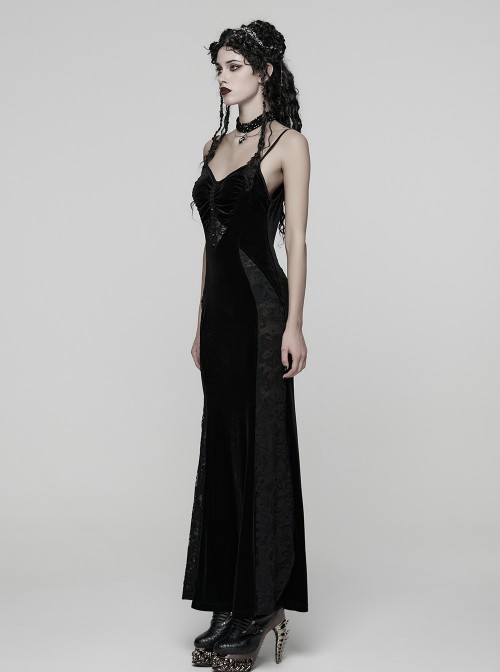Black Elastic Velvet Chest 3D Pleats Splicing Hollow Lace Dark Heart Design Elegant Small Fishtail Gothic Style Slip Long Dress
